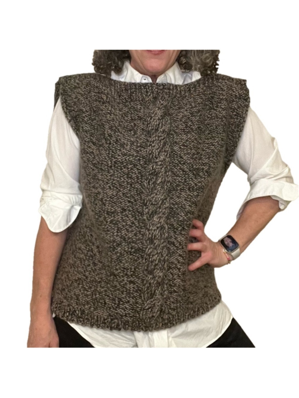 HANDMADE Wool Sweater Vest Cable Knit Stripe Black & Taupe Chunky Knit Pullover - Picture 5 of 10